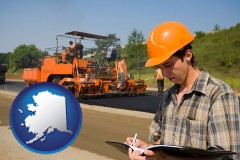 alaska map icon and a paving contractor with paving machinery