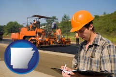 arkansas map icon and a paving contractor with paving machinery
