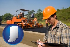 indiana map icon and a paving contractor with paving machinery