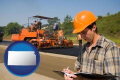 kansas map icon and a paving contractor with paving machinery