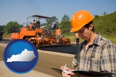 kentucky map icon and a paving contractor with paving machinery