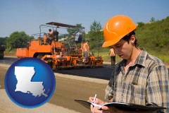 louisiana map icon and a paving contractor with paving machinery