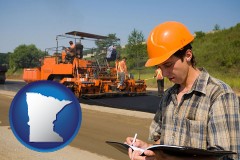 minnesota map icon and a paving contractor with paving machinery