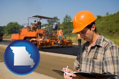missouri map icon and a paving contractor with paving machinery