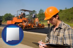 new-mexico map icon and a paving contractor with paving machinery