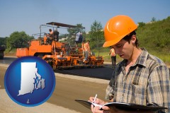 rhode-island map icon and a paving contractor with paving machinery