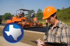 texas map icon and a paving contractor with paving machinery