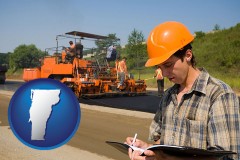 vermont map icon and a paving contractor with paving machinery