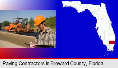 a paving contractor with paving machinery; Broward County highlighted in red on a map