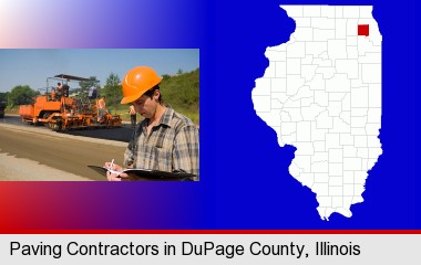 a paving contractor with paving machinery; DuPage County highlighted in red on a map