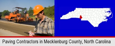 a paving contractor with paving machinery; Mecklenburg County highlighted in red on a map