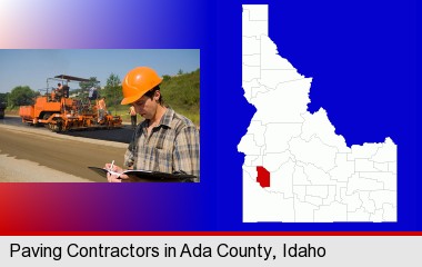 a paving contractor with paving machinery; Ada County highlighted in red on a map