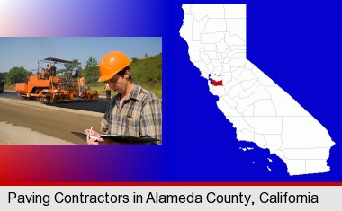 a paving contractor with paving machinery; Alameda County highlighted in red on a map