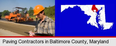a paving contractor with paving machinery; Baltimore County highlighted in red on a map