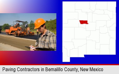 a paving contractor with paving machinery; Bernalillo County highlighted in red on a map