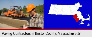 a paving contractor with paving machinery; Bristol County highlighted in red on a map
