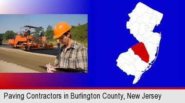 a paving contractor with paving machinery; Burlington County highlighted in red on a map