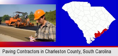 a paving contractor with paving machinery; Charleston County highlighted in red on a map