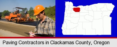 a paving contractor with paving machinery; Clackamas County highlighted in red on a map
