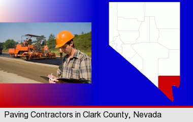 a paving contractor with paving machinery; Clark County highlighted in red on a map