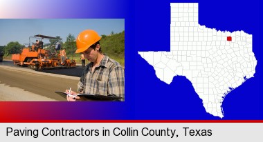 a paving contractor with paving machinery; Collin County highlighted in red on a map