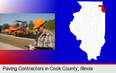 a paving contractor with paving machinery; Cook County highlighted in red on a map