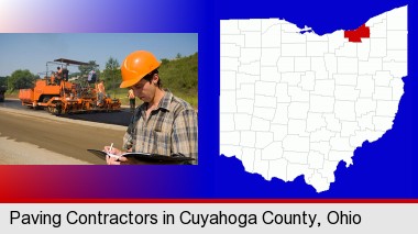 a paving contractor with paving machinery; Cuyahoga County highlighted in red on a map