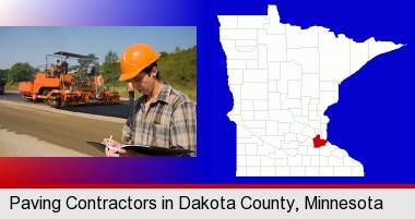 a paving contractor with paving machinery; Dakota County highlighted in red on a map