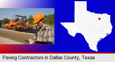 a paving contractor with paving machinery; Dallas County highlighted in red on a map