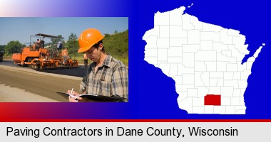 a paving contractor with paving machinery; Dane County highlighted in red on a map