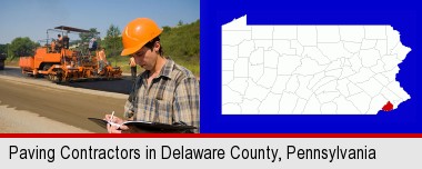 a paving contractor with paving machinery; Delaware County highlighted in red on a map