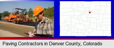 a paving contractor with paving machinery; Denver County highlighted in red on a map