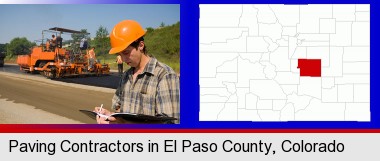a paving contractor with paving machinery; Elbert County highlighted in red on a map