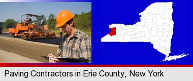 a paving contractor with paving machinery; Erie County highlighted in red on a map