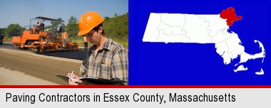 a paving contractor with paving machinery; Essex County highlighted in red on a map