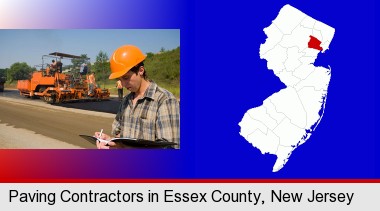 a paving contractor with paving machinery; Essex County highlighted in red on a map