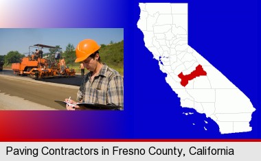 a paving contractor with paving machinery; Fresno County highlighted in red on a map