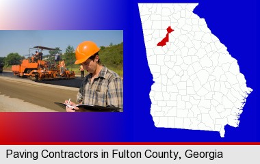 a paving contractor with paving machinery; Fulton County highlighted in red on a map