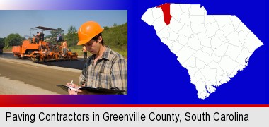 a paving contractor with paving machinery; Greenville County highlighted in red on a map