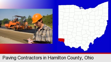 a paving contractor with paving machinery; Hamilton County highlighted in red on a map