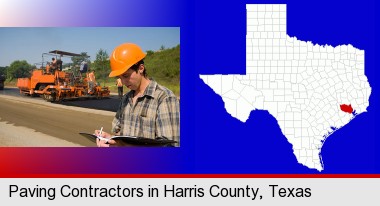 a paving contractor with paving machinery; Harris County highlighted in red on a map