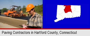 a paving contractor with paving machinery; Hartford County highlighted in red on a map