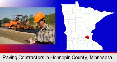 a paving contractor with paving machinery; Hennepin County highlighted in red on a map