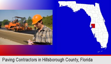 a paving contractor with paving machinery; Hillsborough County highlighted in red on a map