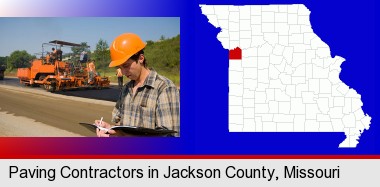 a paving contractor with paving machinery; Jackson County highlighted in red on a map