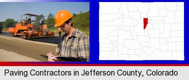 a paving contractor with paving machinery; Jefferson County highlighted in red on a map