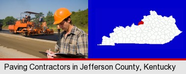 a paving contractor with paving machinery; Jefferson County highlighted in red on a map
