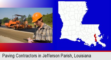 a paving contractor with paving machinery; Jefferson Parish highlighted in red on a map