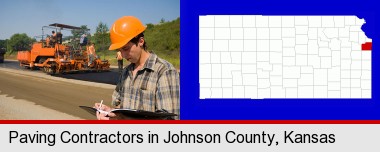 a paving contractor with paving machinery; Johnson County highlighted in red on a map