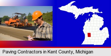 a paving contractor with paving machinery; Kent County highlighted in red on a map